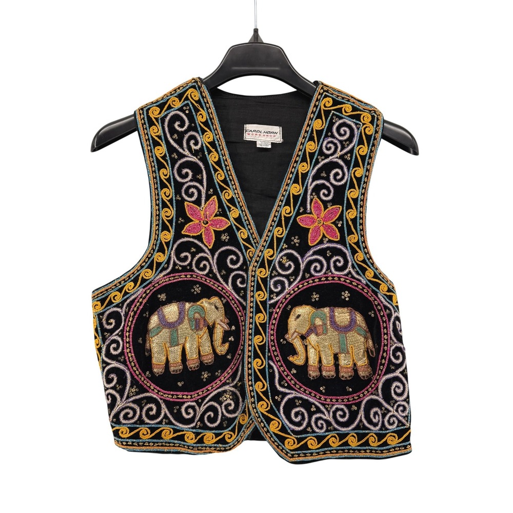 Vtg Carol Horn Workshop Vest Women Medium Black Embroidered Sequin Elephant Boho